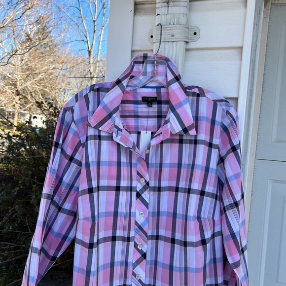 NWT Talbots Pretty Pink White Blue Black Cotton Plaid Long Sleeve Blouse - Picture 2 of 5